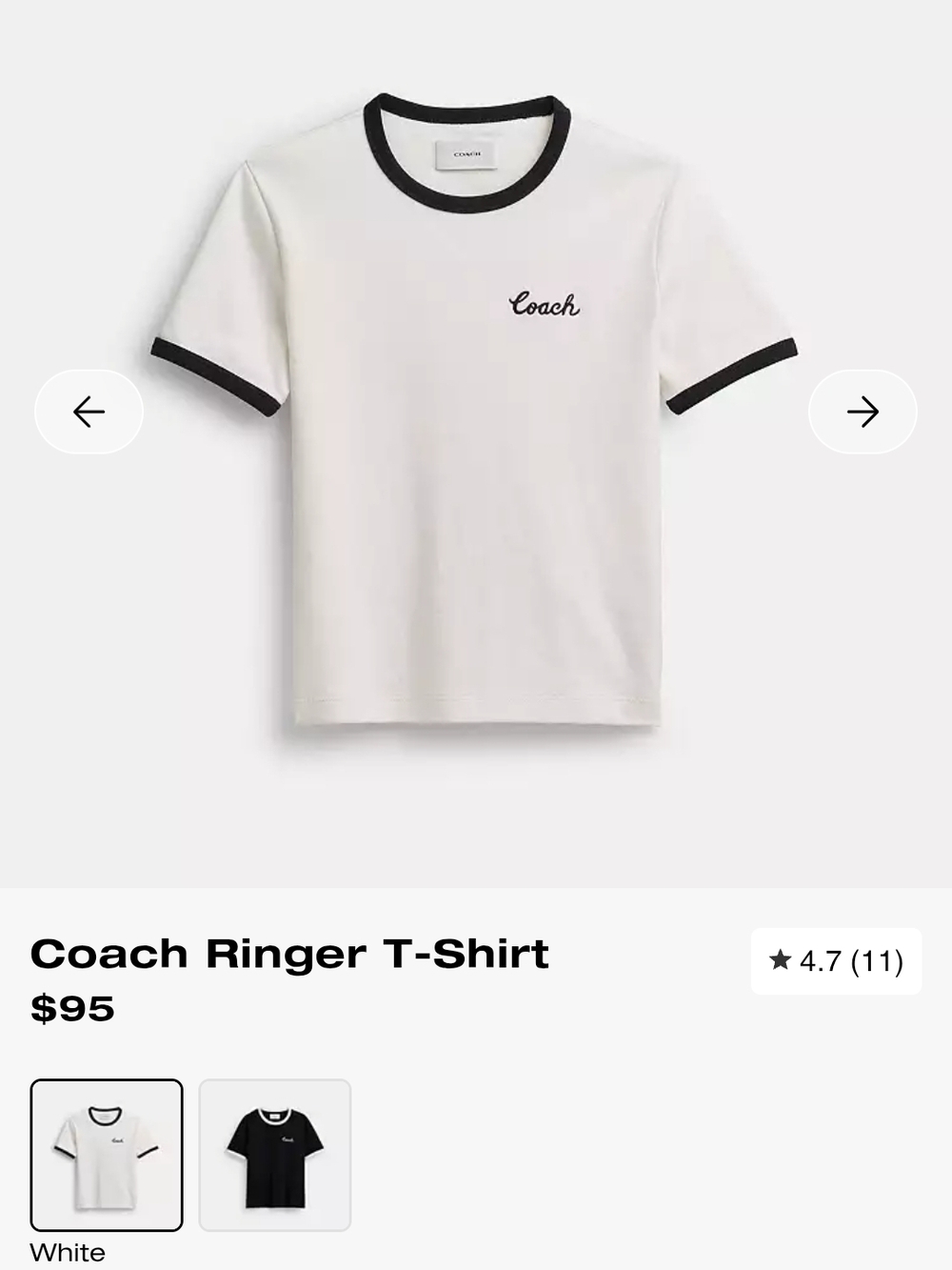 Coach White Tee with Black Trim and Script Logo